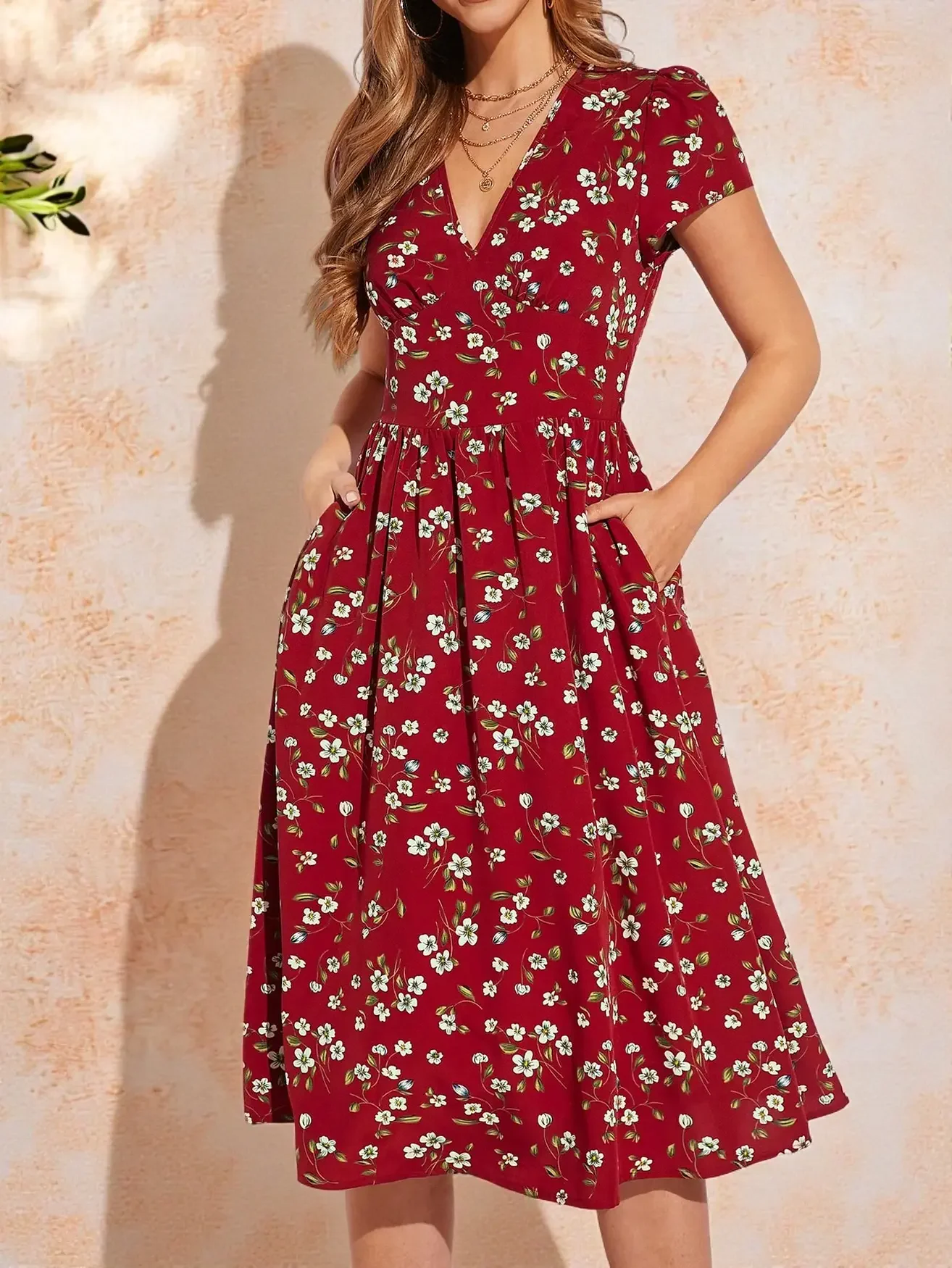 Burgundy Bloom: Pocket Midi Dress