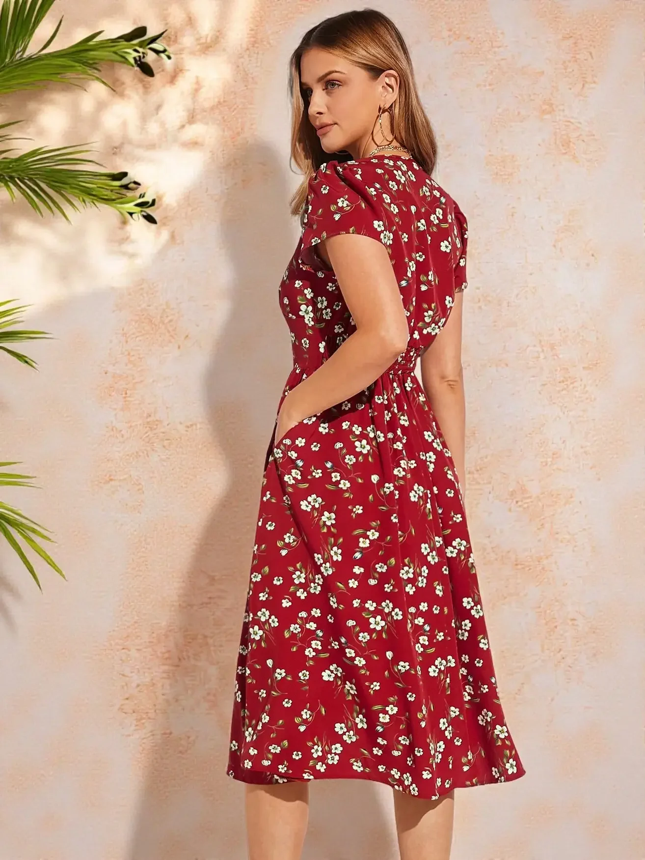 Burgundy Bloom: Pocket Midi Dress