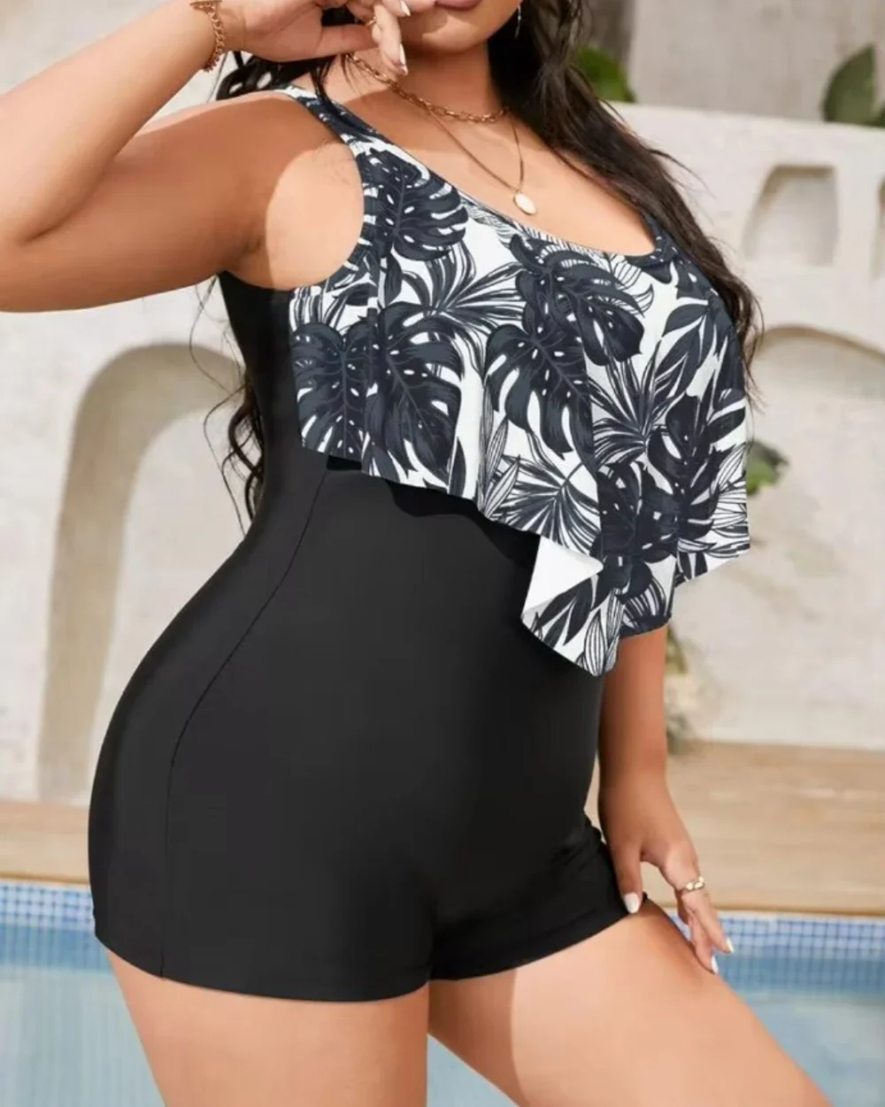 Paradise Found: Plus Tropical Print One Piece - Black
