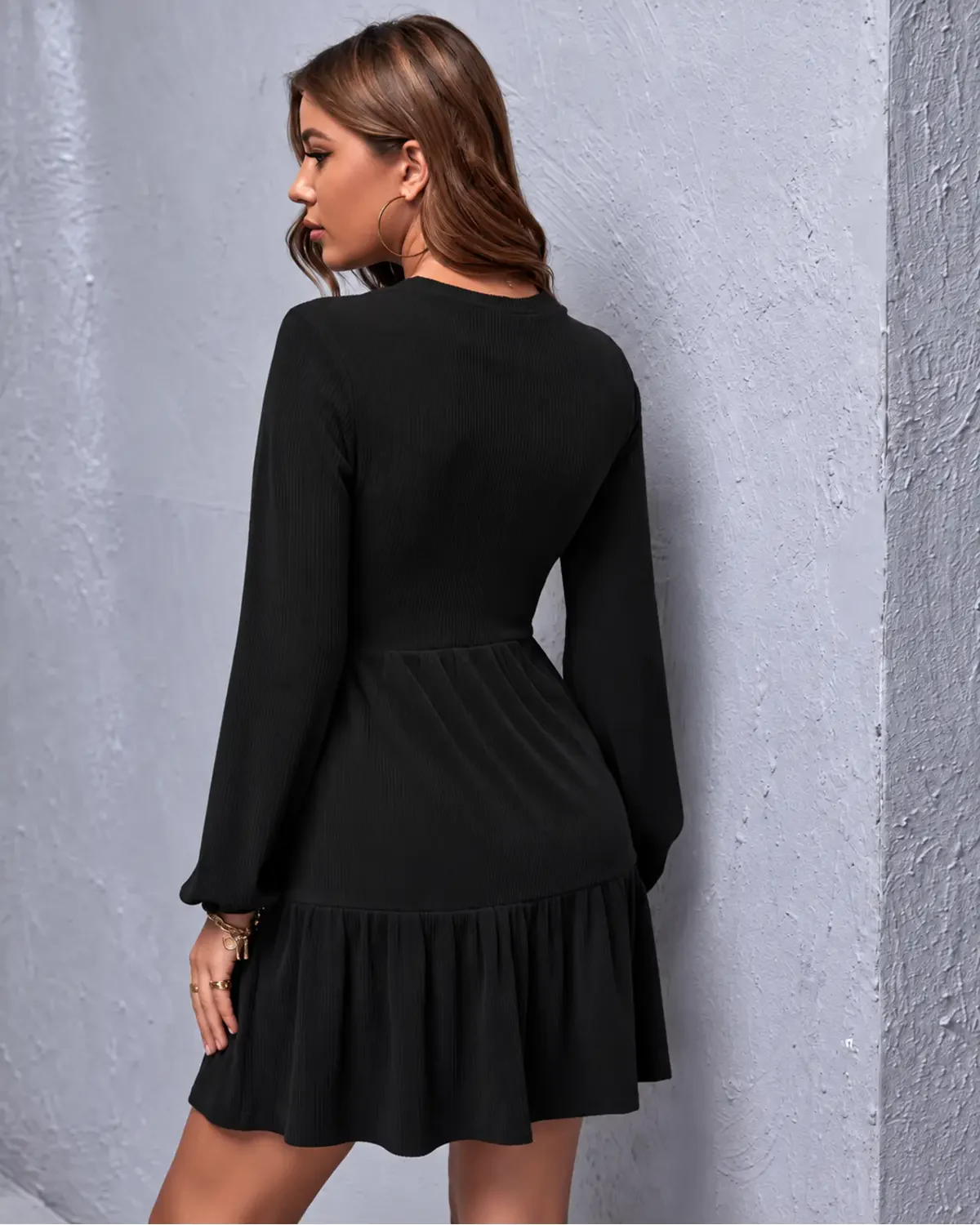 Ruffle Hem Corduroy Dress - Black
