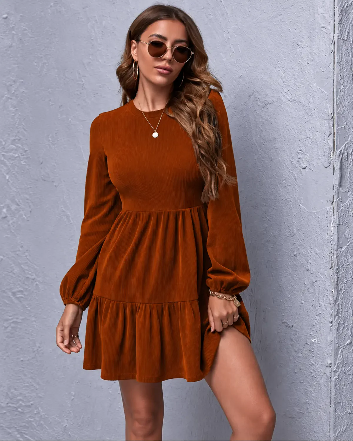 Ruffle Hem Corduroy Dress - Rust Brown