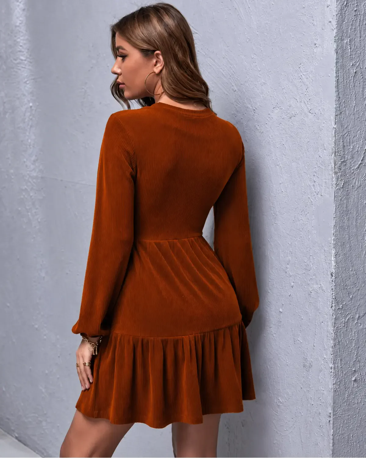 Ruffle Hem Corduroy Dress - Rust Brown